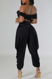 Black Casual Solid Color Patchwork Backless Ruched V Neck Two Pieces