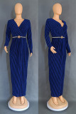 Yellow Casual Stripe Patchwork V Neck Long Dresses