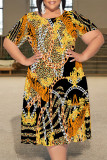 Black And White Casual Plaid Chain print Leopard Patchwork Contrast O Neck Printed Plus Size Dresses