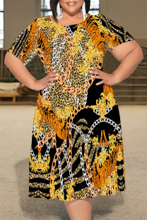 Leopard Print Casual Plaid Chain print Leopard Patchwork Contrast O Neck Printed Plus Size Dresses