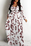 White Casual Leopard Print Pocket Contrast O Neck Printed Dresses