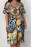Black Casual Animal Print Chain print Pocket Contrast V Neck Printed Plus Size Dresses