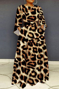 Leopard Print Casual Print Pocket Patchwork O Neck Long Plus Size Dresses