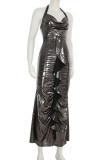 Silver Elegant Solid Color Patchwork Backless Halter Long Dresses