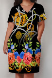 Black Casual Animal Print Chain print Pocket Contrast V Neck Printed Plus Size Dresses