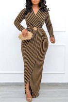 Yellow Casual Stripe Patchwork V Neck Long Dresses
