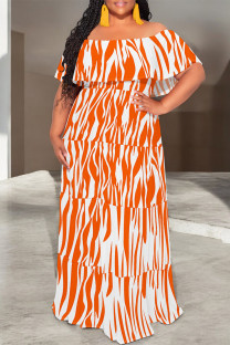 Orange Sexy Geometric Print Ruffle Contrast Off Shoulder Printed Dresses