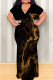 Black Gold Casual Print Patchwork Strap Design V Neck Long Plus Size Dresses