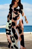 White Casual Leopard Print Pocket Contrast O Neck Printed Dresses