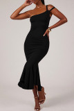 Black Elegant Solid Color Patchwork Oblique Collar Irregular Dresses