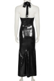 Silver Elegant Solid Color Patchwork Backless Halter Long Dresses