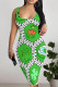 White Green Sexy Plaid Graffiti Print Four Leaf Clover Contrast U Neck Printed Dresses