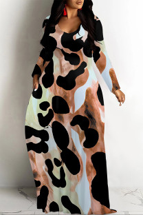 Brown Casual Leopard Print Pocket Contrast O Neck Printed Dresses