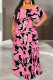 Deep Pink Sexy Geometric Print Ruffle Contrast Off Shoulder Printed Dresses