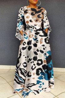 Blue White Casual Print Pocket Patchwork O Neck Long Plus Size Dresses