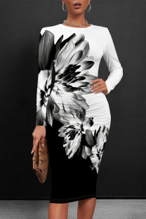 Black And White Elegant Floral Print Contrast O Neck Printed Dresses