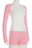 Pink Casual Patchwork Contrast O Neck Long Sleeve Two Pieces