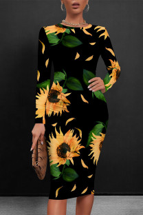 Black Yellow Elegant Floral Print Contrast O Neck Printed Dresses