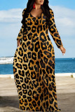 White Casual Leopard Print Pocket Contrast O Neck Printed Dresses