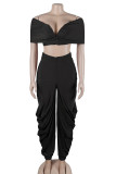 Black Casual Solid Color Patchwork Backless Ruched V Neck Two Pieces