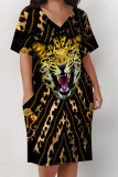 Black Casual Animal Print Chain print Pocket Contrast V Neck Printed Plus Size Dresses