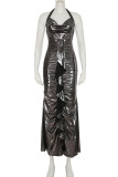 Silver Elegant Solid Color Patchwork Backless Halter Long Dresses
