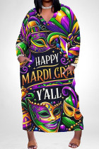 Multicolor Casual Graffiti Print Mask Pocket Contrast V Neck Printed Plus Size Dresses