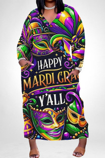 Multicolor Casual Graffiti Print Mask Pocket Contrast V Neck Printed Plus Size Dresses