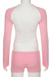Pink Casual Patchwork Contrast O Neck Long Sleeve Two Pieces