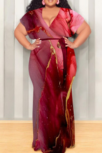 Red Casual Print Patchwork Strap Design V Neck Long Plus Size Dresses