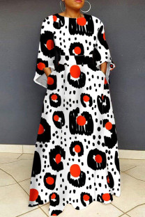 Black Red Casual Print Pocket Patchwork O Neck Long Plus Size Dresses