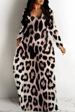 White Casual Leopard Print Pocket Contrast O Neck Printed Dresses