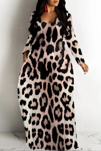 Light Color Casual Leopard Print Pocket Contrast O Neck Printed Dresses