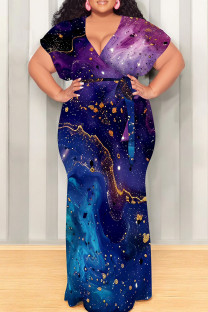 Purplish Blue Casual Print Patchwork Strap Design V Neck Long Plus Size Dresses