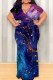Purplish Blue Casual Print Patchwork Strap Design V Neck Long Plus Size Dresses