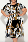 Black And White Casual Plaid Chain print Leopard Patchwork Contrast O Neck Printed Plus Size Dresses