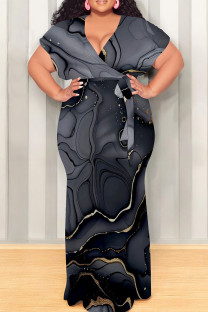 Dark Gray Casual Print Patchwork Strap Design V Neck Long Plus Size Dresses