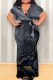 Dark Gray Casual Print Patchwork Strap Design V Neck Long Plus Size Dresses