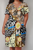 Black Casual Animal Print Chain print Pocket Contrast V Neck Printed Plus Size Dresses