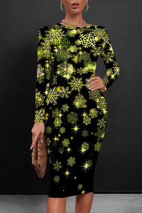 Black Green Elegant Floral Print Contrast O Neck Printed Dresses