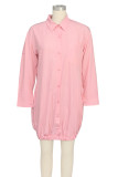 White Casual Solid Color Buckle Patchwork Shirt Collar Shirt Dresses