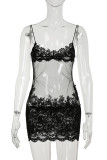 White Sexy Fringed Trim See-Through Spaghetti Strap Sling Dresses