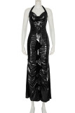 Silver Elegant Solid Color Patchwork Backless Halter Long Dresses