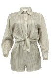 Pink Casual Stripe Pocket Buckle Patchwork Shirt Collar Long Sleeve Two Pieces