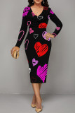 Red White Elegant Love Print Lips Contrast V Neck Printed Dresses