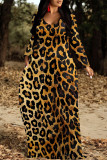White Casual Leopard Print Pocket Contrast O Neck Printed Dresses