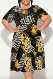 Black And White Casual Plaid Chain print Leopard Patchwork Contrast O Neck Printed Plus Size Dresses