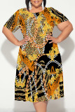 Black And White Casual Plaid Chain print Leopard Patchwork Contrast O Neck Printed Plus Size Dresses