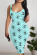 Lake Blue Sexy Letter Print Contrast U Neck Printed Dresses
