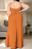 Orange Khaki Casual Cartoon Print Slit Contrast U Neck Printed Plus Size Dresses